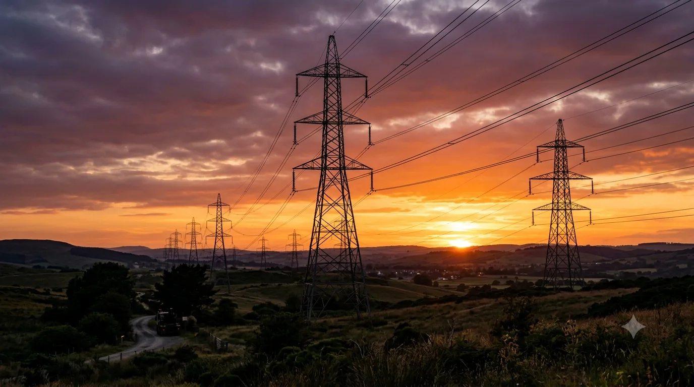Torres de alta tensión al atardecer